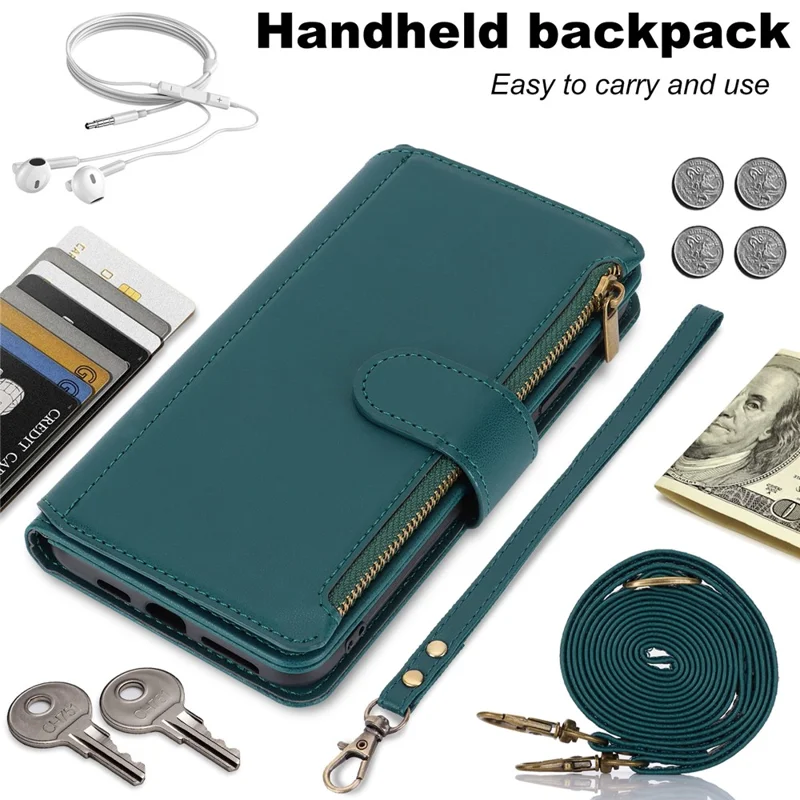 For iPhone 14 Plus Case Folio Flip PU Leather Wallet Phone Cover with 2 Straps - Blue