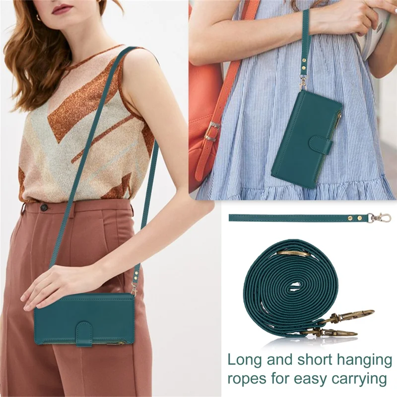 For iPhone 14 Plus Case Folio Flip PU Leather Wallet Phone Cover with 2 Straps - Blue