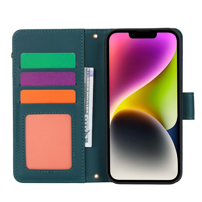 For iPhone 14 Plus Case Folio Flip PU Leather Wallet Phone Cover with 2 Straps - Blue