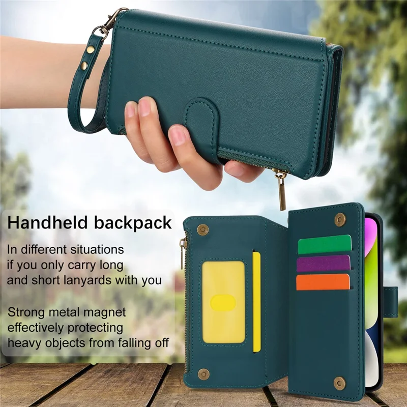 For iPhone 14 Plus Case Folio Flip PU Leather Wallet Phone Cover with 2 Straps - Blue