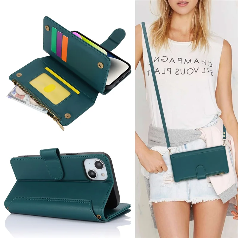 For iPhone 14 Plus Case Folio Flip PU Leather Wallet Phone Cover with 2 Straps - Blue