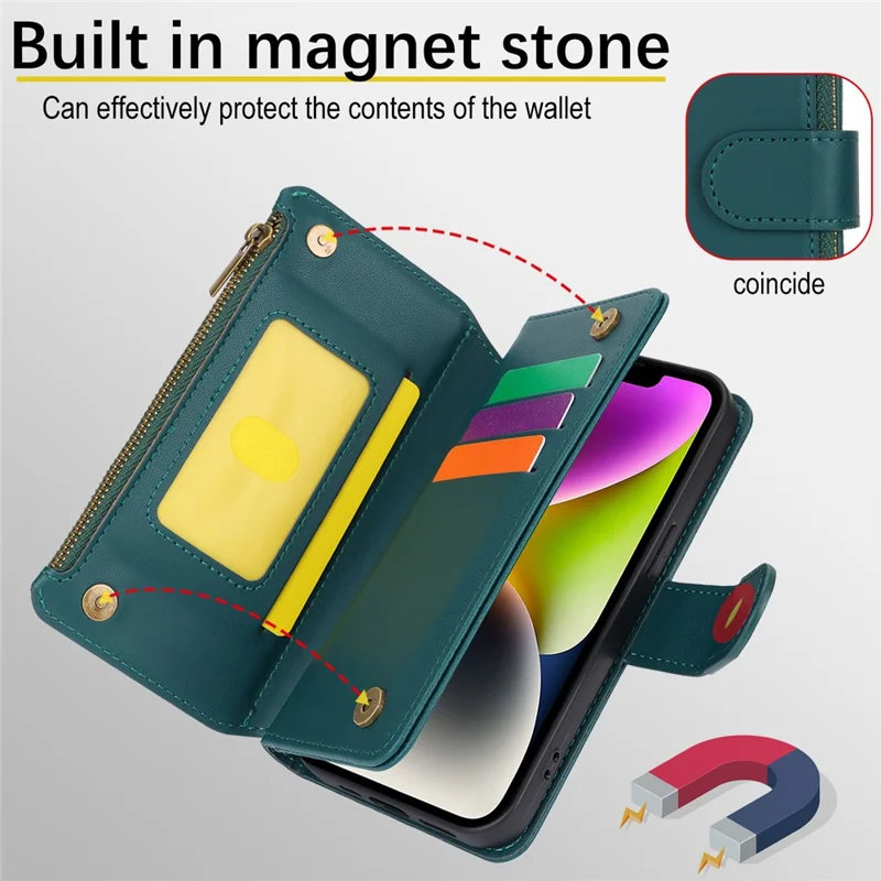 For iPhone 14 Plus Case Folio Flip PU Leather Wallet Phone Cover with 2 Straps - Blue