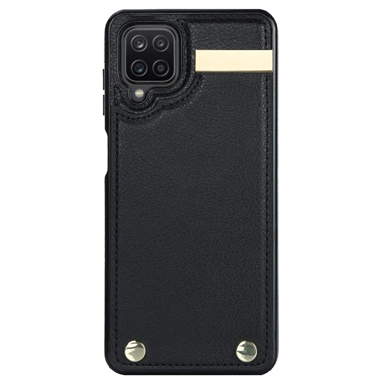 For Samsung Galaxy A12 Case Anti-fall TPU+PU Leather Phone Cover with Metal Hardware Decor - Black