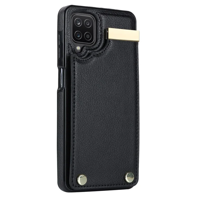 For Samsung Galaxy A12 Case Anti-fall TPU+PU Leather Phone Cover with Metal Hardware Decor - Black