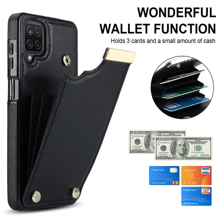For Samsung Galaxy A12 Case Anti-fall TPU+PU Leather Phone Cover with Metal Hardware Decor - Black
