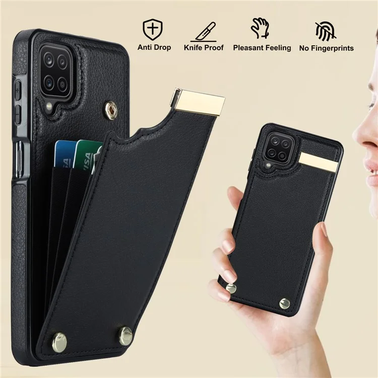 For Samsung Galaxy A12 Case Anti-fall TPU+PU Leather Phone Cover with Metal Hardware Decor - Black