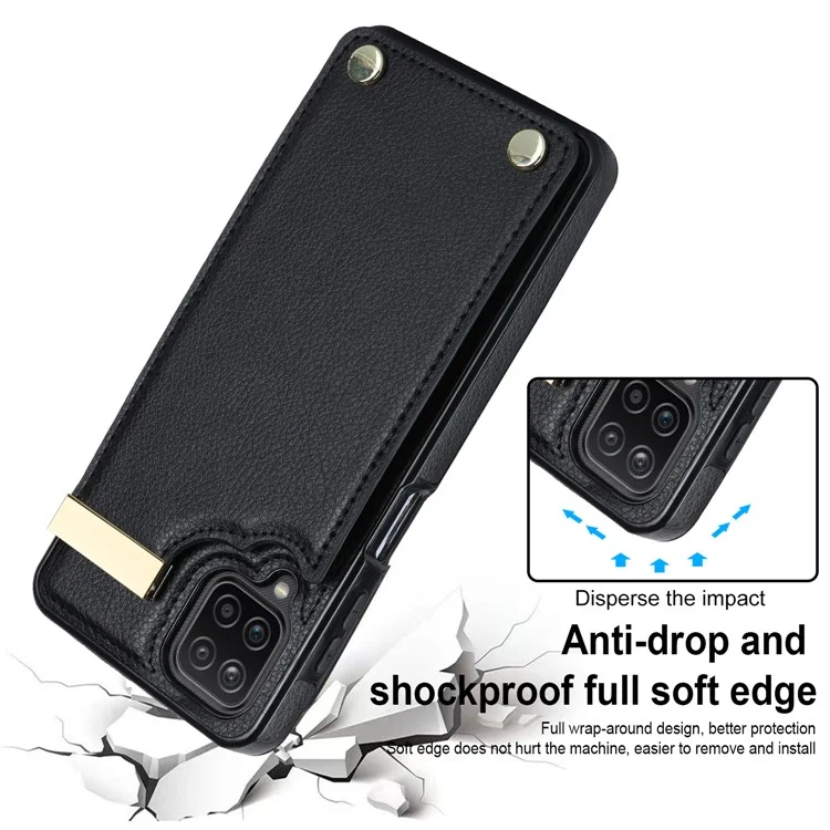 For Samsung Galaxy A12 Case Anti-fall TPU+PU Leather Phone Cover with Metal Hardware Decor - Black