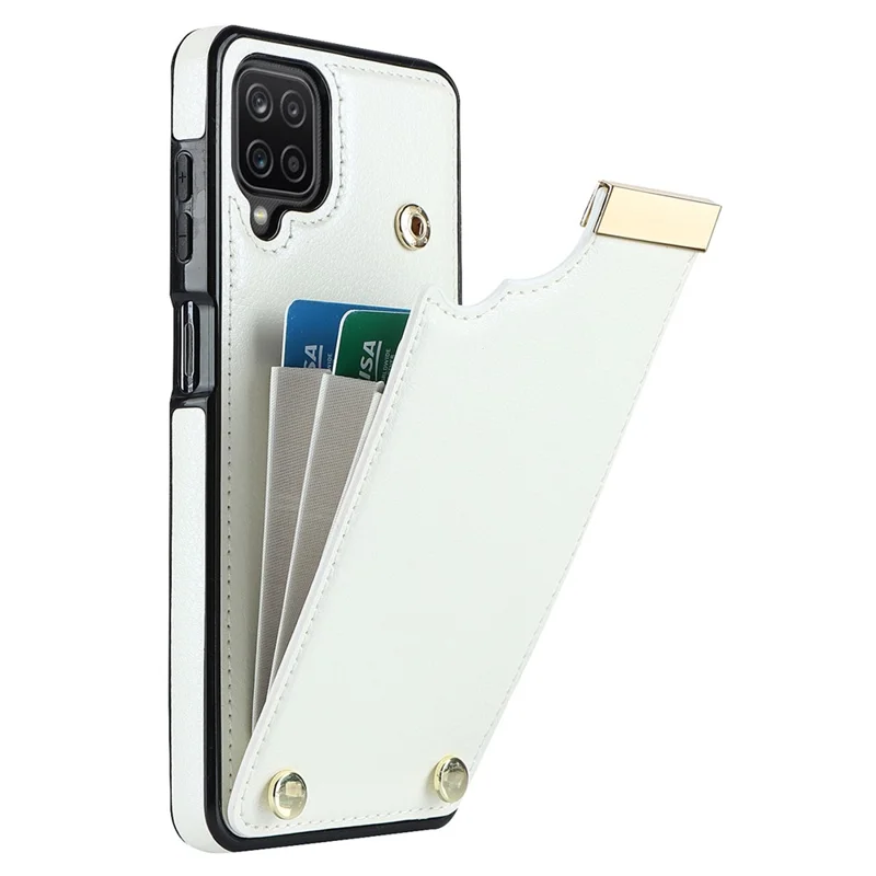 For Samsung Galaxy A12 Case Anti-fall TPU+PU Leather Phone Cover with Metal Hardware Decor - White