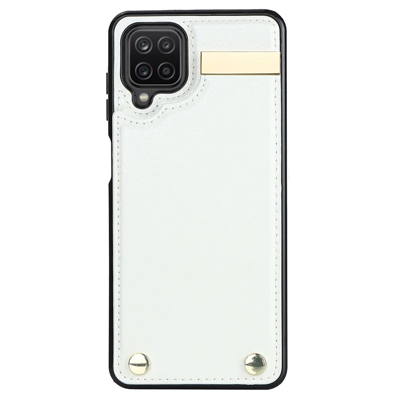 For Samsung Galaxy A12 Case Anti-fall TPU+PU Leather Phone Cover with Metal Hardware Decor - White