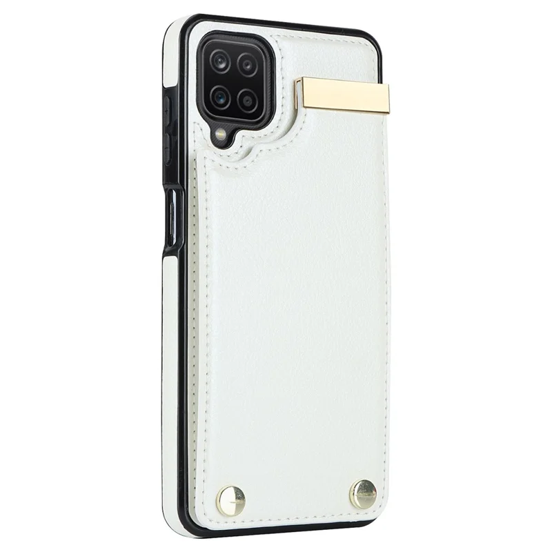 For Samsung Galaxy A12 Case Anti-fall TPU+PU Leather Phone Cover with Metal Hardware Decor - White