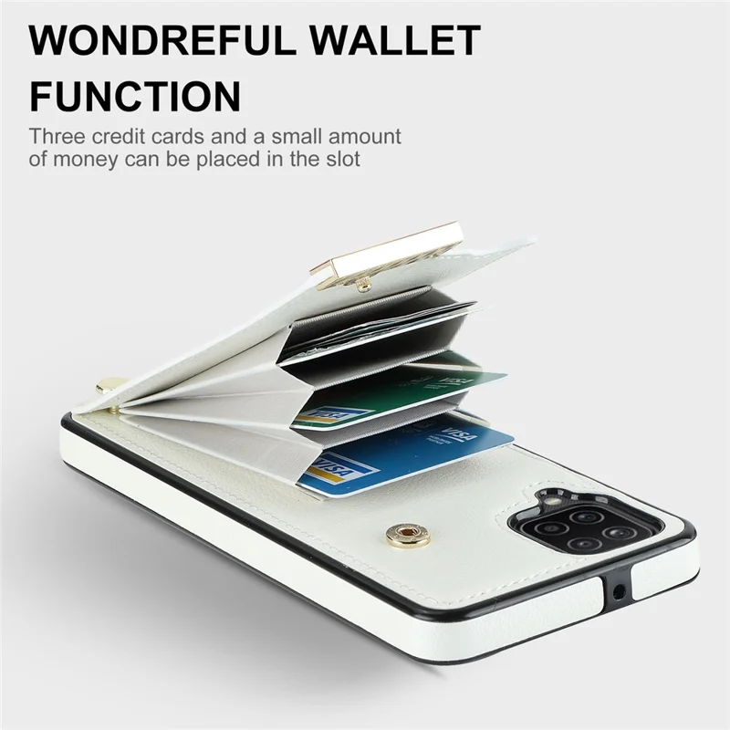 For Samsung Galaxy A12 Case Anti-fall TPU+PU Leather Phone Cover with Metal Hardware Decor - White