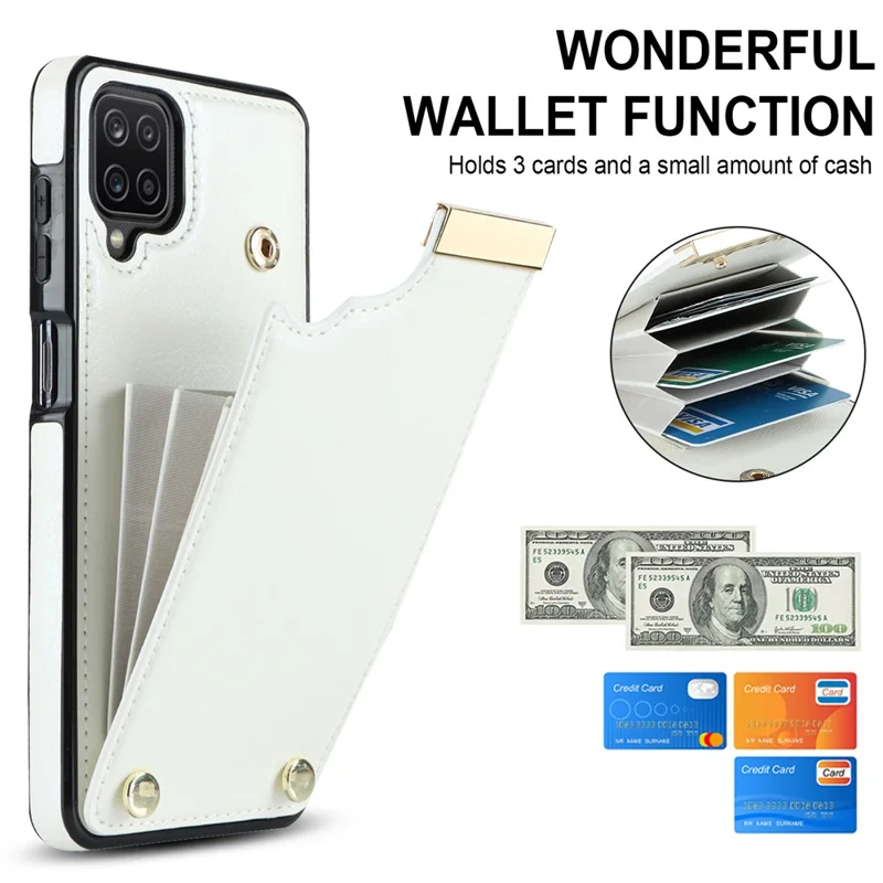 For Samsung Galaxy A12 Case Anti-fall TPU+PU Leather Phone Cover with Metal Hardware Decor - White