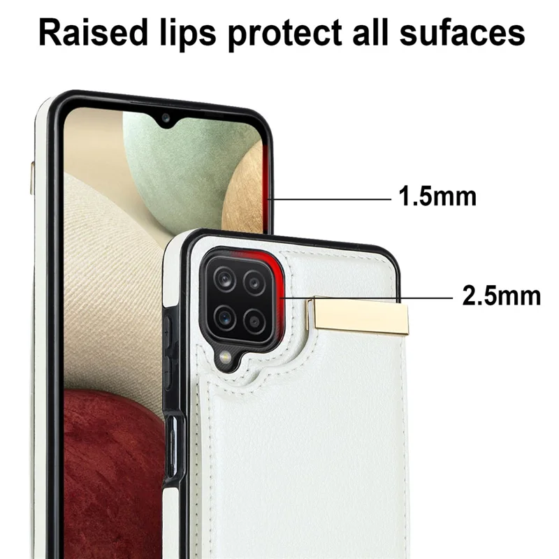 For Samsung Galaxy A12 Case Anti-fall TPU+PU Leather Phone Cover with Metal Hardware Decor - White
