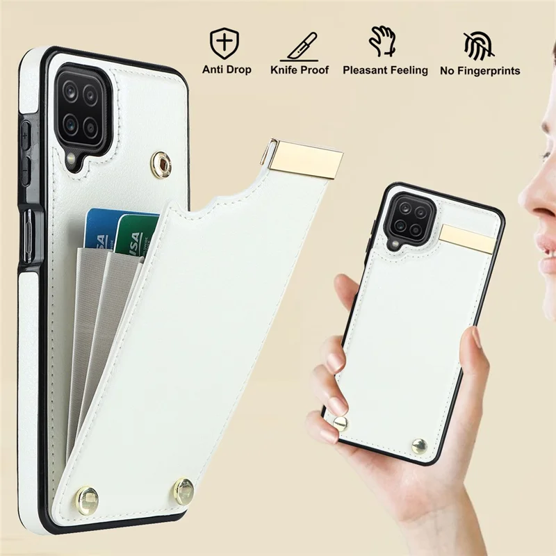 For Samsung Galaxy A12 Case Anti-fall TPU+PU Leather Phone Cover with Metal Hardware Decor - White