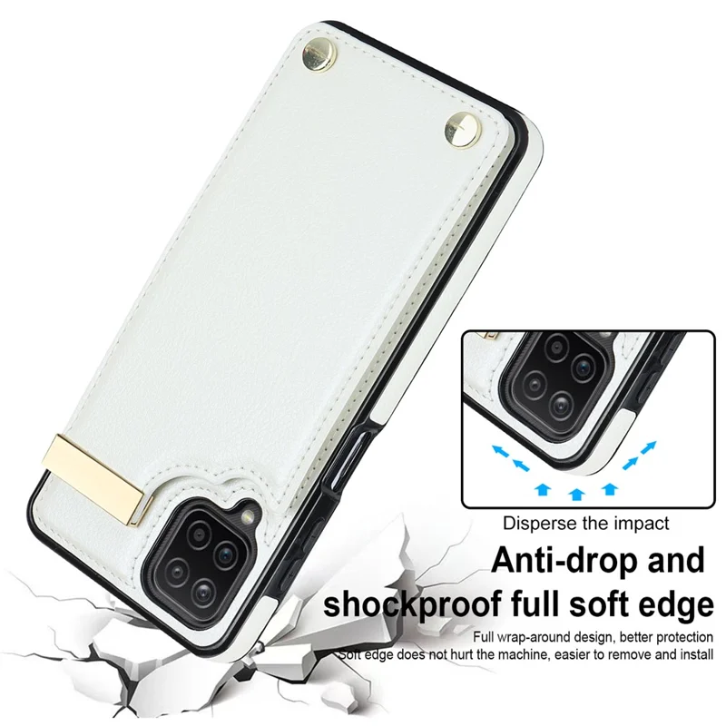 For Samsung Galaxy A12 Case Anti-fall TPU+PU Leather Phone Cover with Metal Hardware Decor - White