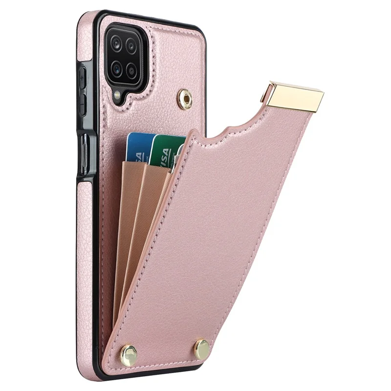 For Samsung Galaxy A12 Case Anti-fall TPU+PU Leather Phone Cover with Metal Hardware Decor - Rose Gold