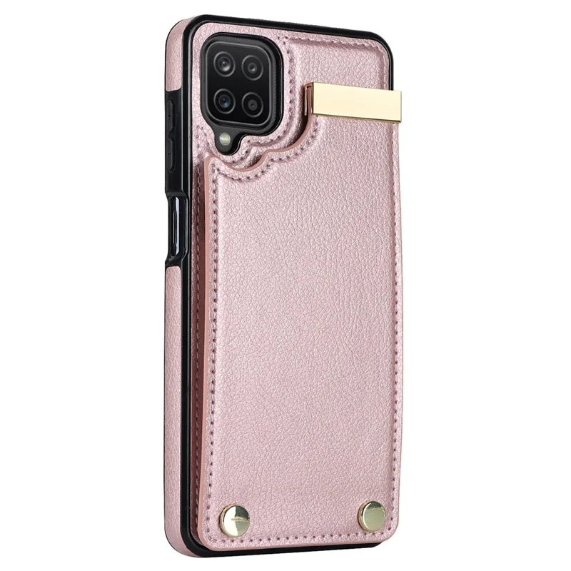 For Samsung Galaxy A12 Case Anti-fall TPU+PU Leather Phone Cover with Metal Hardware Decor - Rose Gold