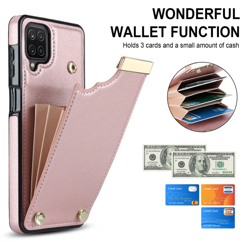 For Samsung Galaxy A12 Case Anti-fall TPU+PU Leather Phone Cover with Metal Hardware Decor - Rose Gold