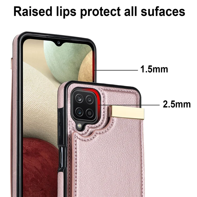 For Samsung Galaxy A12 Case Anti-fall TPU+PU Leather Phone Cover with Metal Hardware Decor - Rose Gold