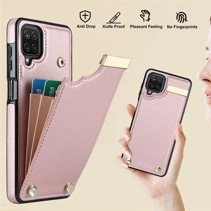 For Samsung Galaxy A12 Case Anti-fall TPU+PU Leather Phone Cover with Metal Hardware Decor - Rose Gold