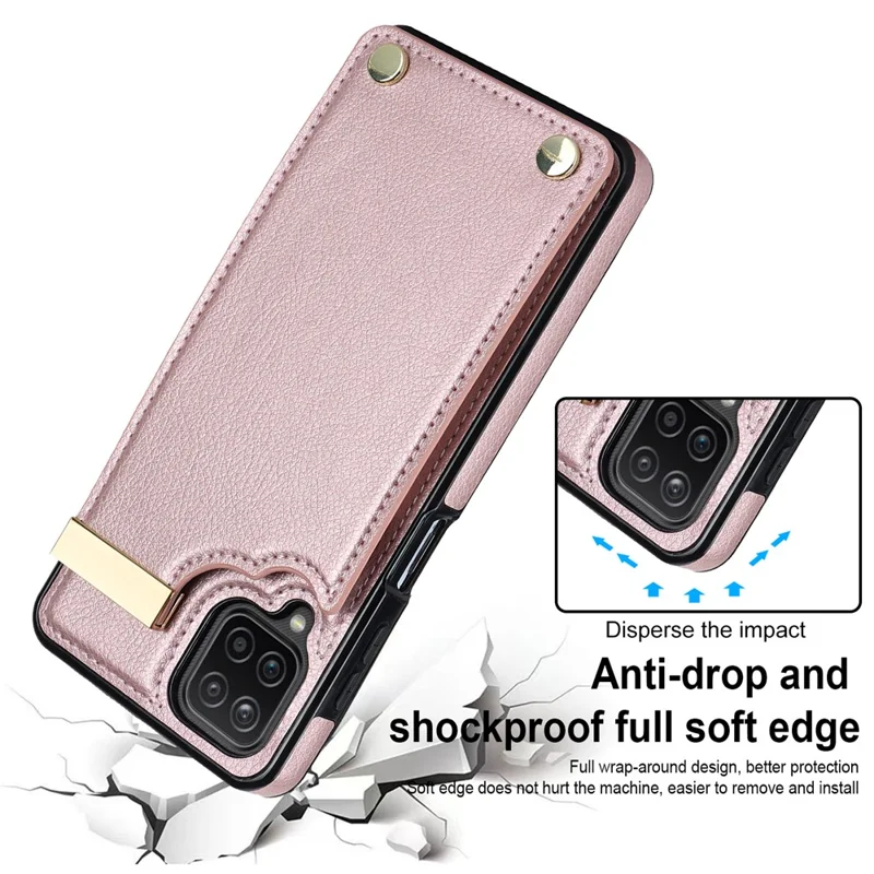 For Samsung Galaxy A12 Case Anti-fall TPU+PU Leather Phone Cover with Metal Hardware Decor - Rose Gold