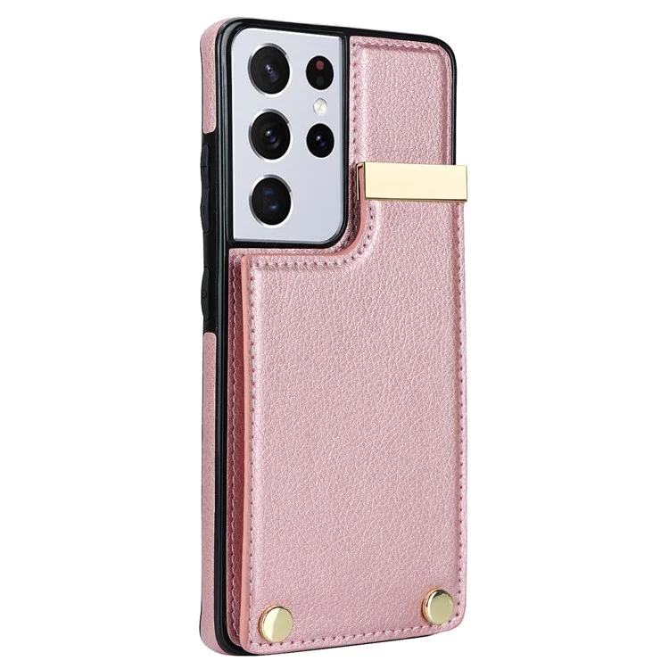For Samsung Galaxy S21 Ultra 5G Case Shockproof TPU+PU Leather+Metal Hardware Phone Back Shell - Rose Gold