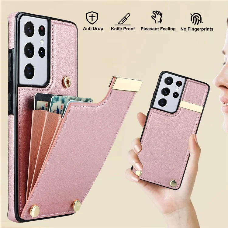 For Samsung Galaxy S21 Ultra 5G Case Shockproof TPU+PU Leather+Metal Hardware Phone Back Shell - Rose Gold
