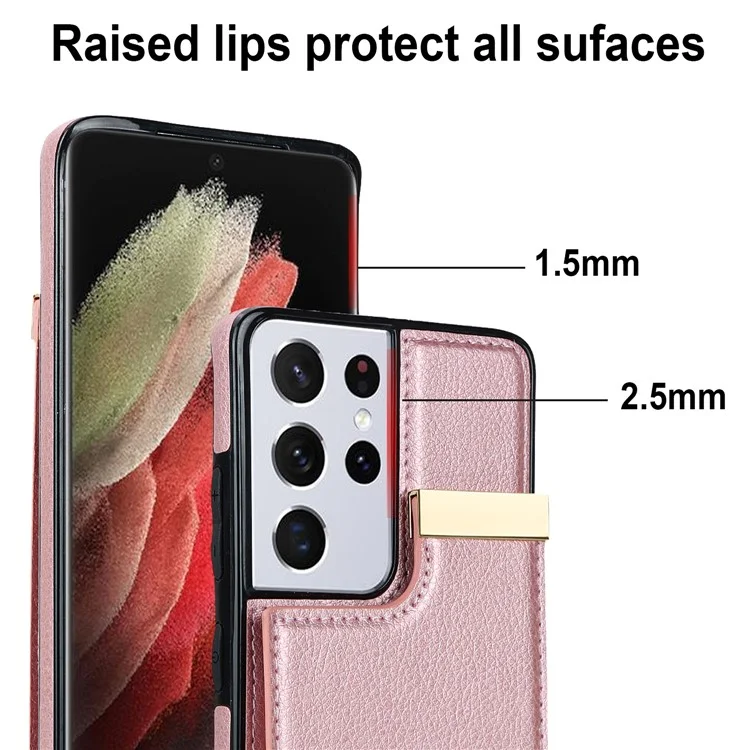 For Samsung Galaxy S21 Ultra 5G Case Shockproof TPU+PU Leather+Metal Hardware Phone Back Shell - Rose Gold