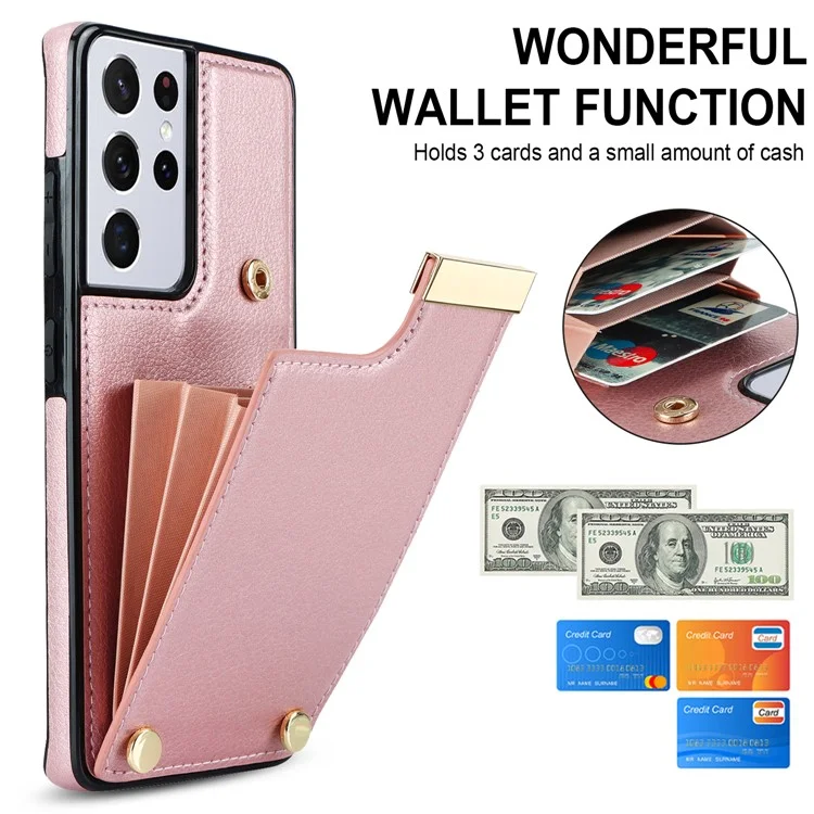 For Samsung Galaxy S21 Ultra 5G Case Shockproof TPU+PU Leather+Metal Hardware Phone Back Shell - Rose Gold