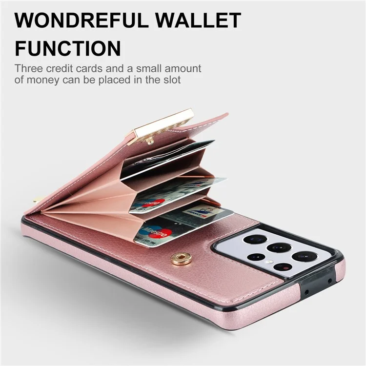 For Samsung Galaxy S21 Ultra 5G Case Shockproof TPU+PU Leather+Metal Hardware Phone Back Shell - Rose Gold