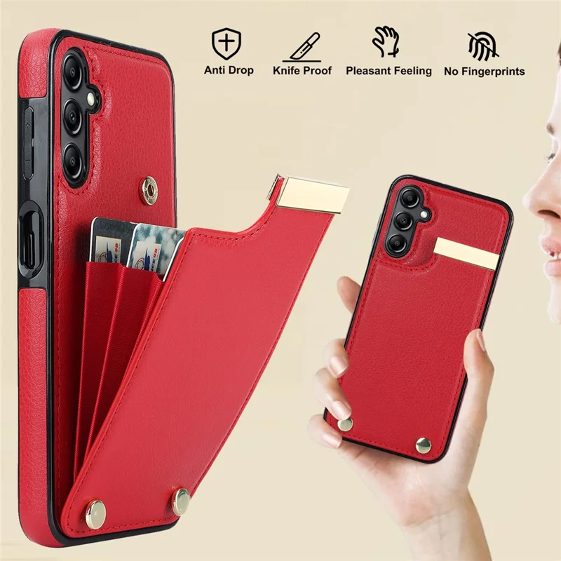 For Samsung Galaxy A54 5G Cell Phone Case Card Holder TPU+PU Leather Hardware Decor Shell - Red