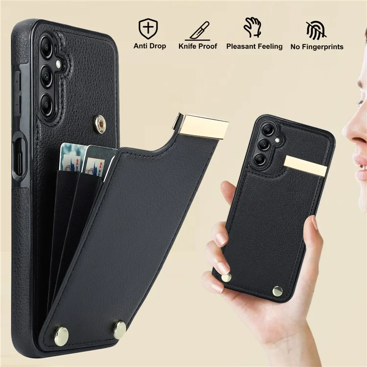 For Samsung Galaxy A14 5G / A14 4G Case Hardware Decor TPU+PU Leather Card Slots Protective Cover - Black