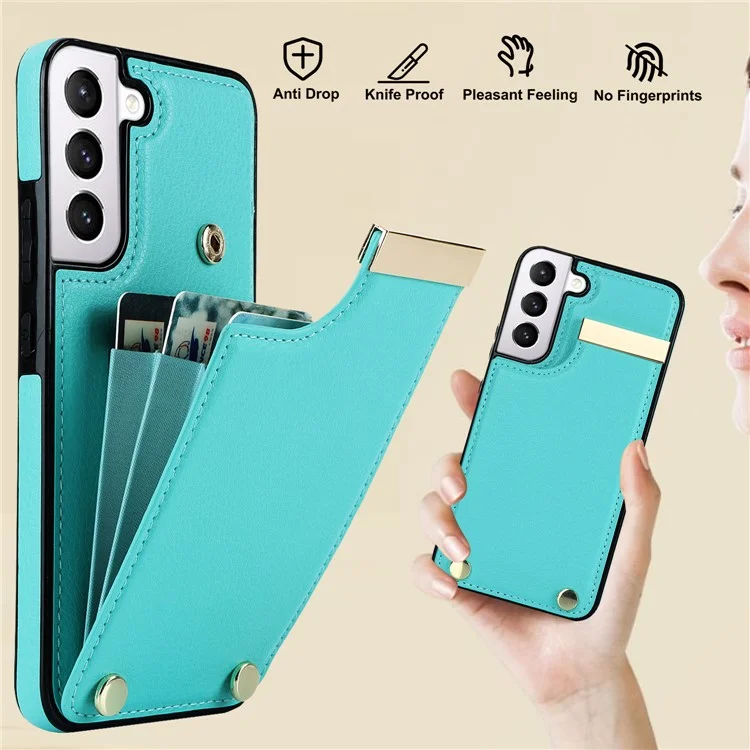For Samsung Galaxy S22 5G Cover Anti-scratch TPU+PU Leather Metal Decor Smart Phone Case - Mint Green