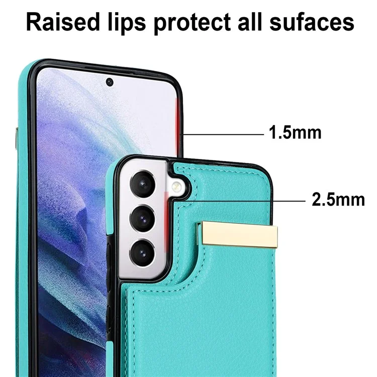 For Samsung Galaxy S22 5G Cover Anti-scratch TPU+PU Leather Metal Decor Smart Phone Case - Mint Green