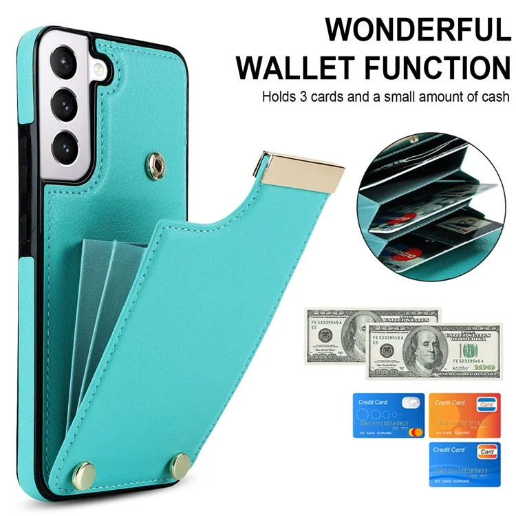 For Samsung Galaxy S22 5G Cover Anti-scratch TPU+PU Leather Metal Decor Smart Phone Case - Mint Green