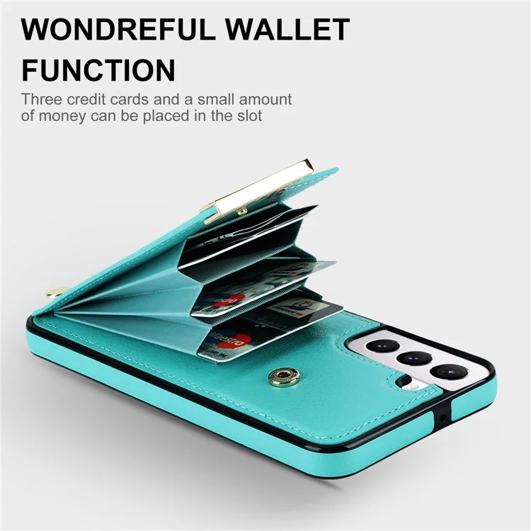 For Samsung Galaxy S22 5G Cover Anti-scratch TPU+PU Leather Metal Decor Smart Phone Case - Mint Green