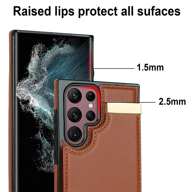 Per Samsung Galaxy S22 Ultra 5G Cover Card Slots TPU+PU Leather Cell Phone Case con Decorazione in Metallo - Marrone