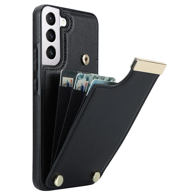 For Samsung Galaxy S22+ 5G Cell Phone Case Hardware Decor TPU+PU Leather Card Holder Cover - Black