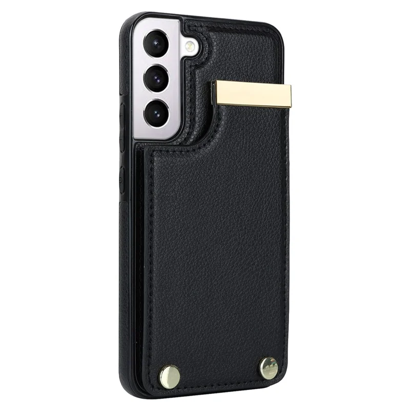 For Samsung Galaxy S22+ 5G Cell Phone Case Hardware Decor TPU+PU Leather Card Holder Cover - Black