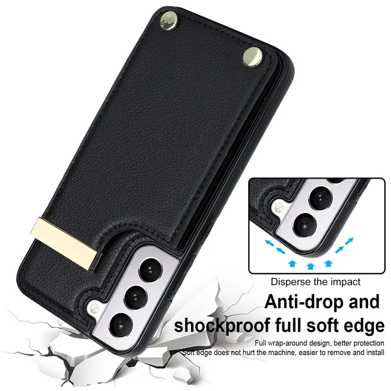 For Samsung Galaxy S22+ 5G Cell Phone Case Hardware Decor TPU+PU Leather Card Holder Cover - Black