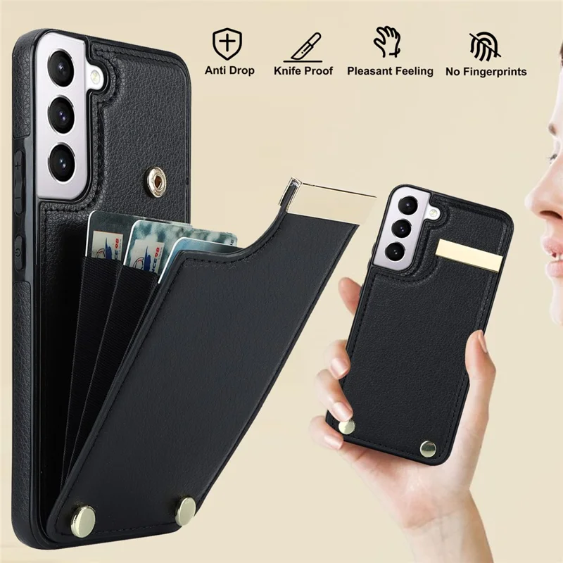 For Samsung Galaxy S22+ 5G Cell Phone Case Hardware Decor TPU+PU Leather Card Holder Cover - Black