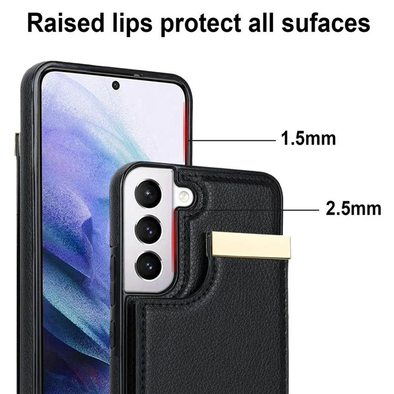 For Samsung Galaxy S22+ 5G Cell Phone Case Hardware Decor TPU+PU Leather Card Holder Cover - Black