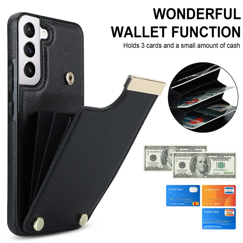 For Samsung Galaxy S22+ 5G Cell Phone Case Hardware Decor TPU+PU Leather Card Holder Cover - Black