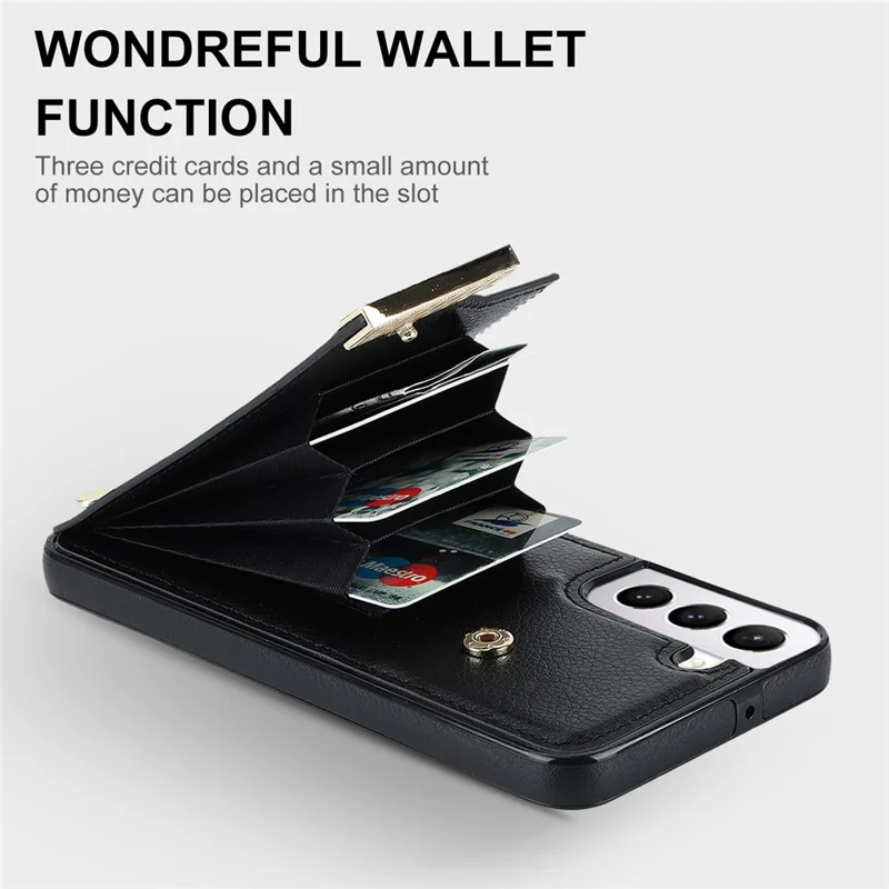 For Samsung Galaxy S22+ 5G Cell Phone Case Hardware Decor TPU+PU Leather Card Holder Cover - Black