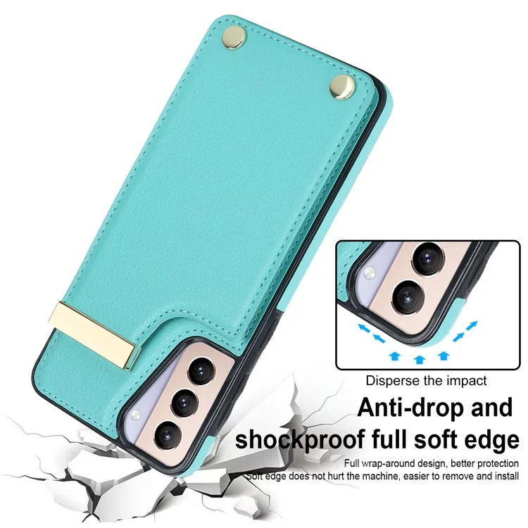 Para Samsung Galaxy S21+ 5G Capa Metal Decor TPU+Leather Card Holder Anti-scratch Cell Phone Case - Verde Menta
