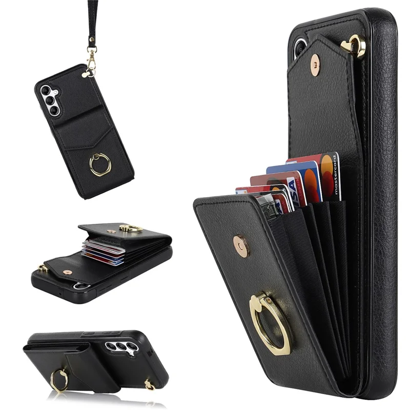 Für Samsung Galaxy S24 Cover Accordion Card Bag PU Leder+TPU Anti-drop Handyhülle mit Gurt - Schwarz