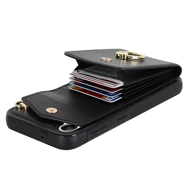 Für Samsung Galaxy S24 Cover Accordion Card Bag PU Leder+TPU Anti-drop Handyhülle mit Gurt - Schwarz