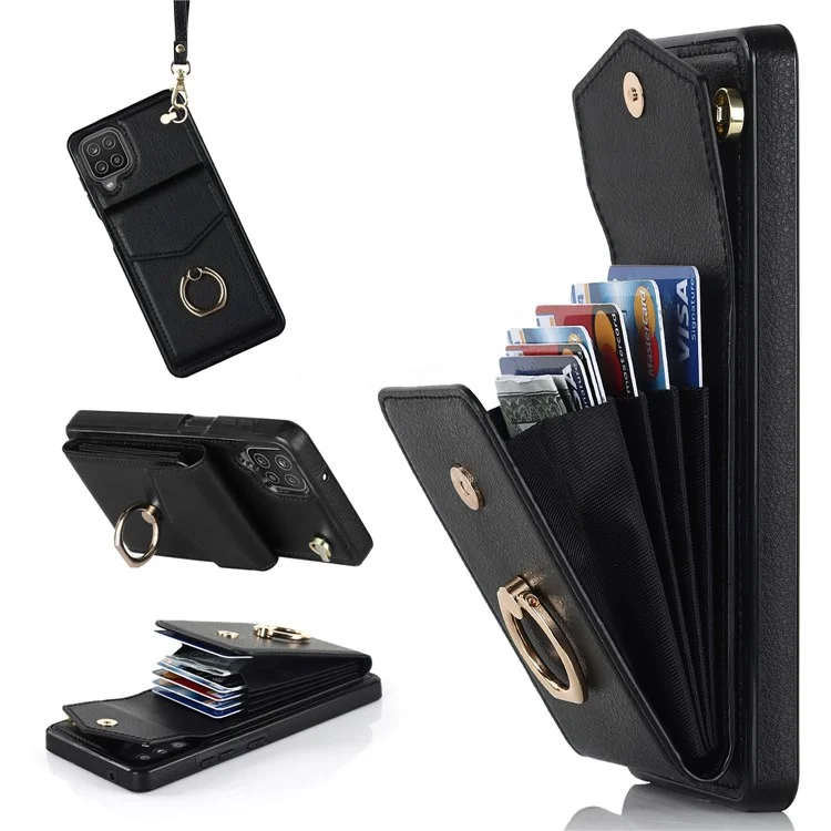 For Samsung Galaxy A12 Cell Phone Case PU Leather+TPU Ring Kickstand Cover with Card Holder - Black
