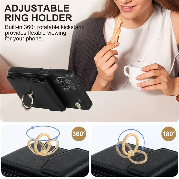 For Samsung Galaxy A12 Cell Phone Case PU Leather+TPU Ring Kickstand Cover with Card Holder - Black