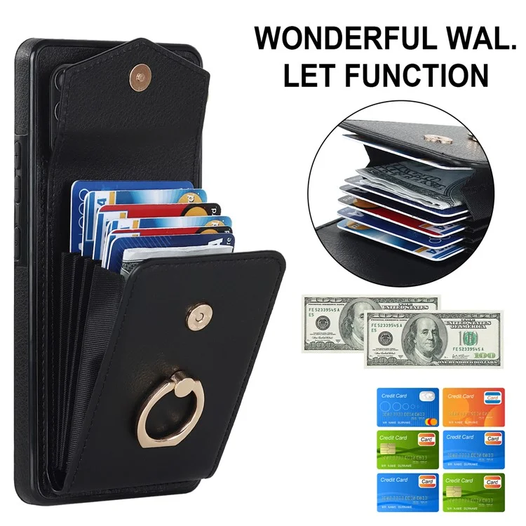 For Samsung Galaxy A12 Cell Phone Case PU Leather+TPU Ring Kickstand Cover with Card Holder - Black